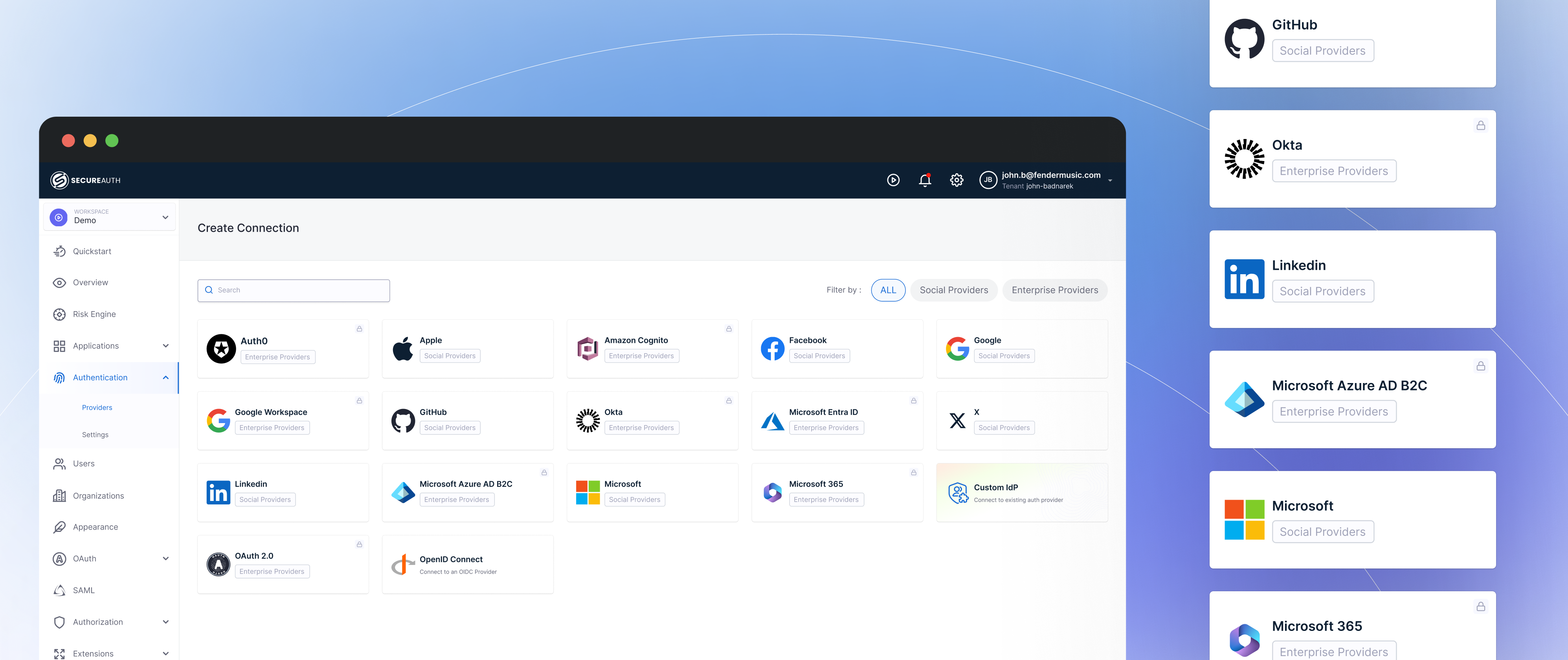 SecureAuth connection creation screen showing integration options for Okta, Google, Microsoft, GitHub, LinkedIn, and other identity providers