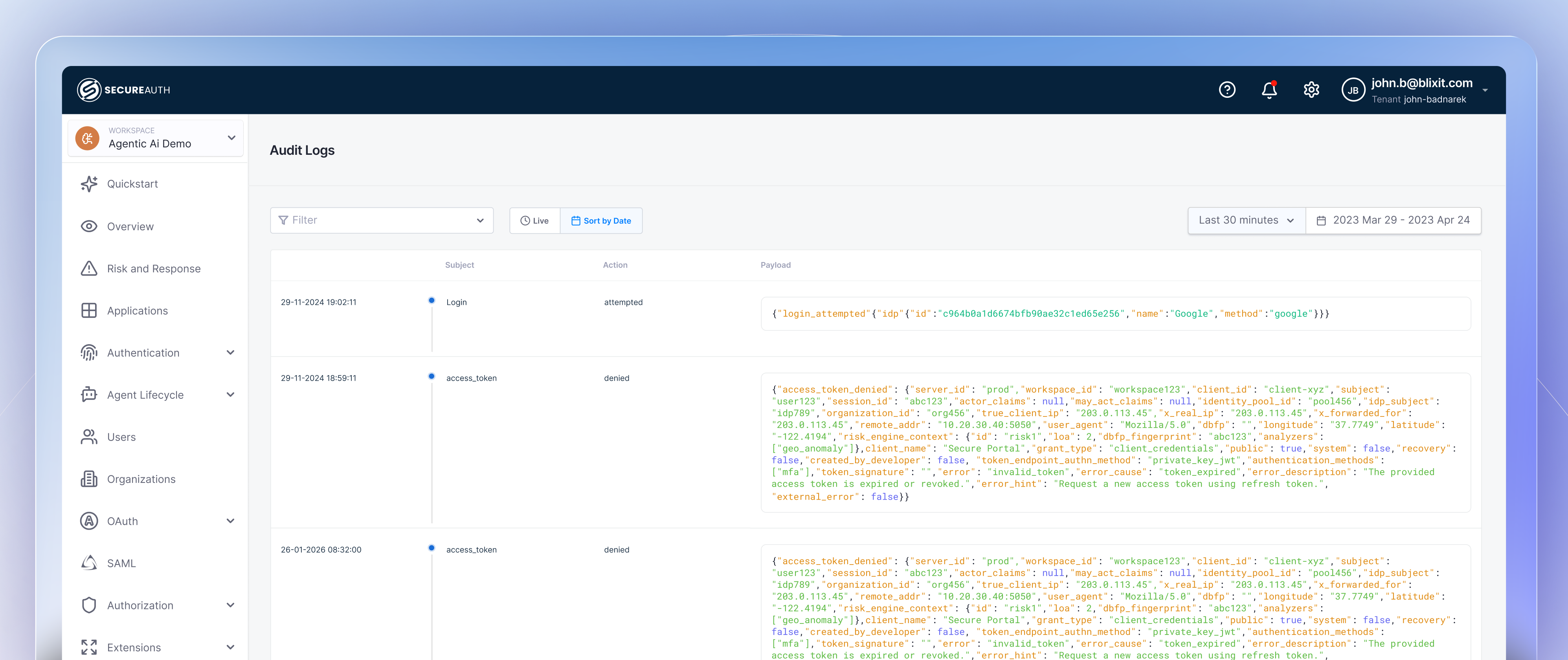SecureAuth audit logs dashboard showing cryptographically signed agent action records