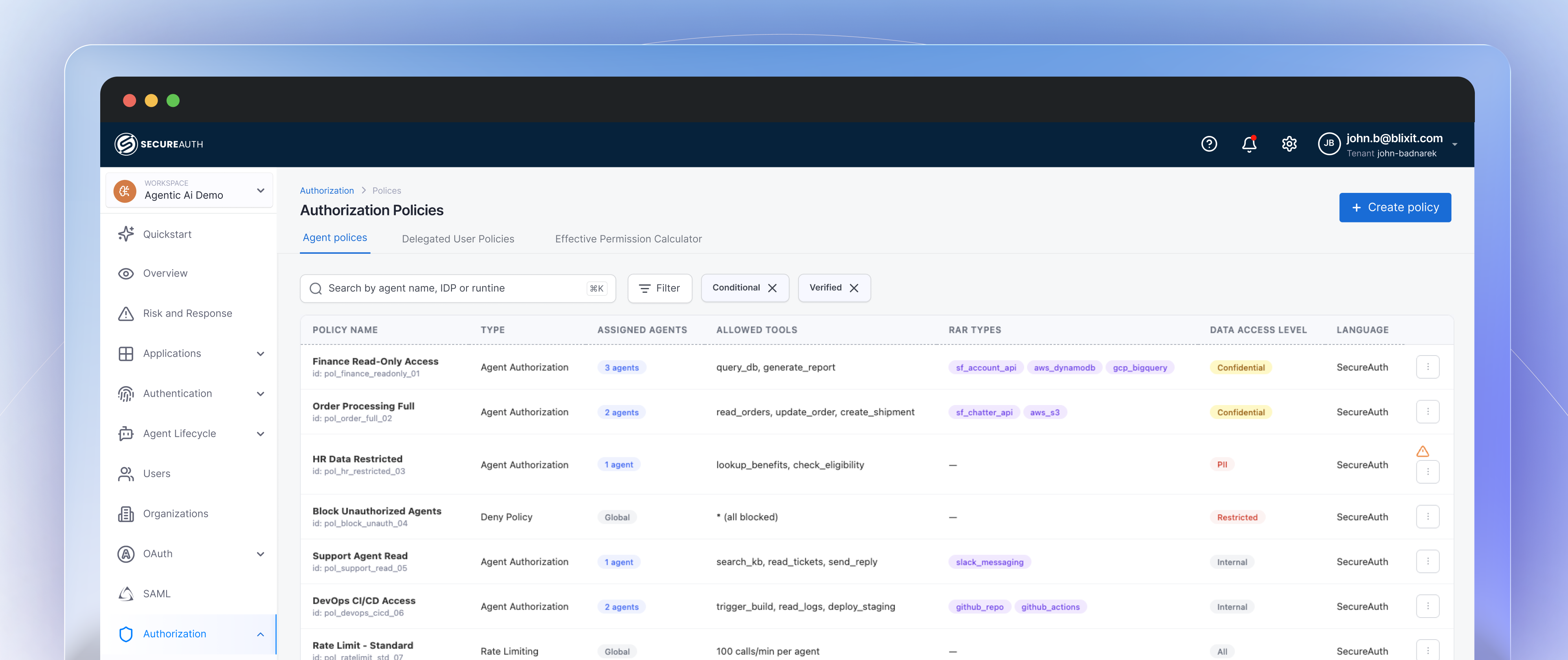 SecureAuth authorization policies dashboard showing scoped agent permissions and data access levels