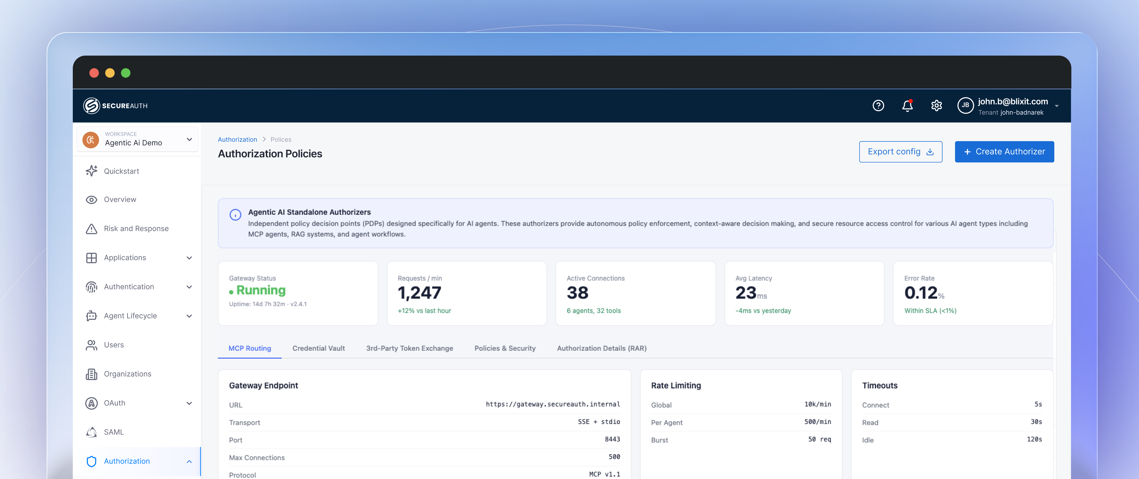 SecureAuth authorization gateway dashboard showing runtime security, rate limiting, and MCP routing