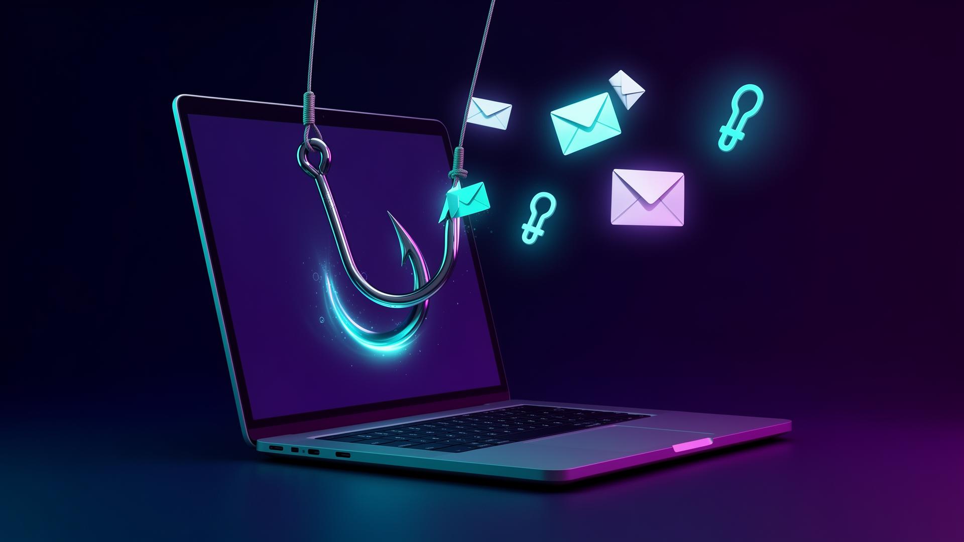 Phishing attack concept showing a hook catching email icons