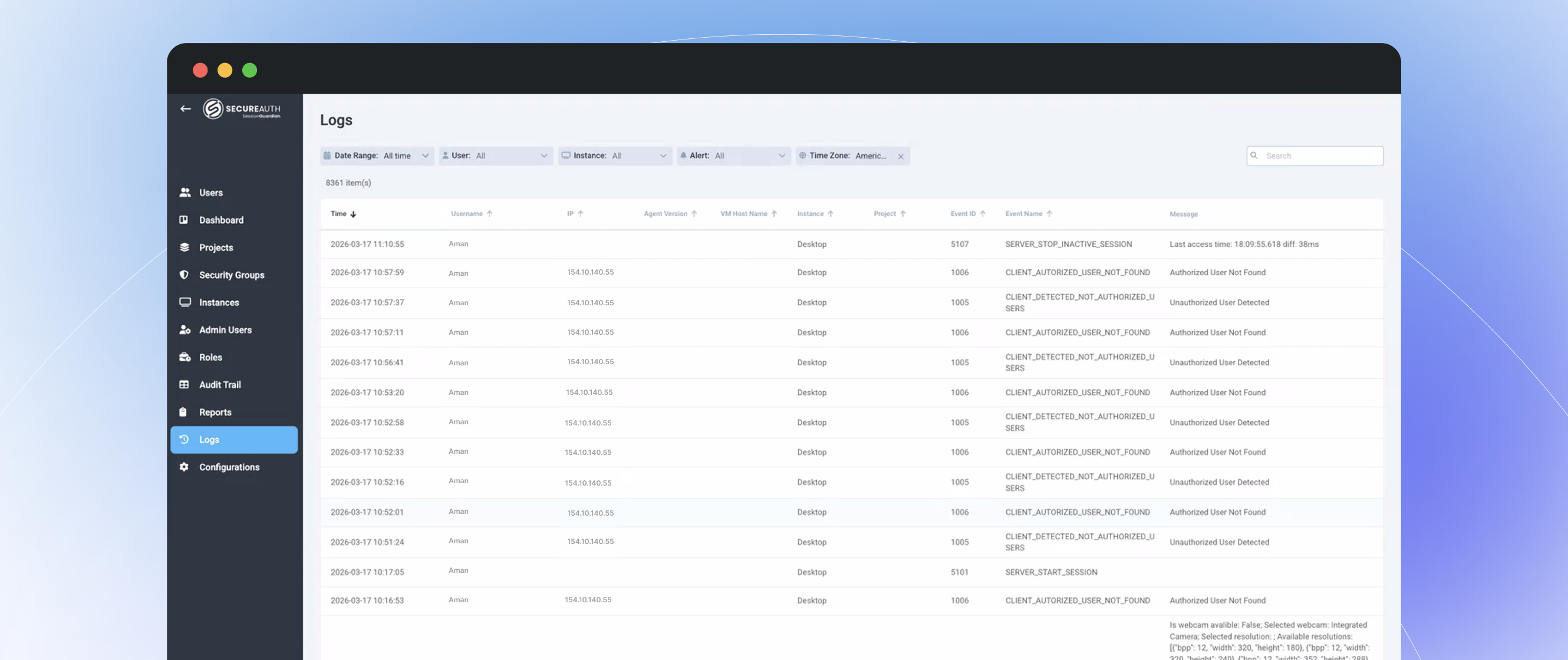Presence Authority audit logs showing session events including presence verification, capture blocks, and auto-lock actions