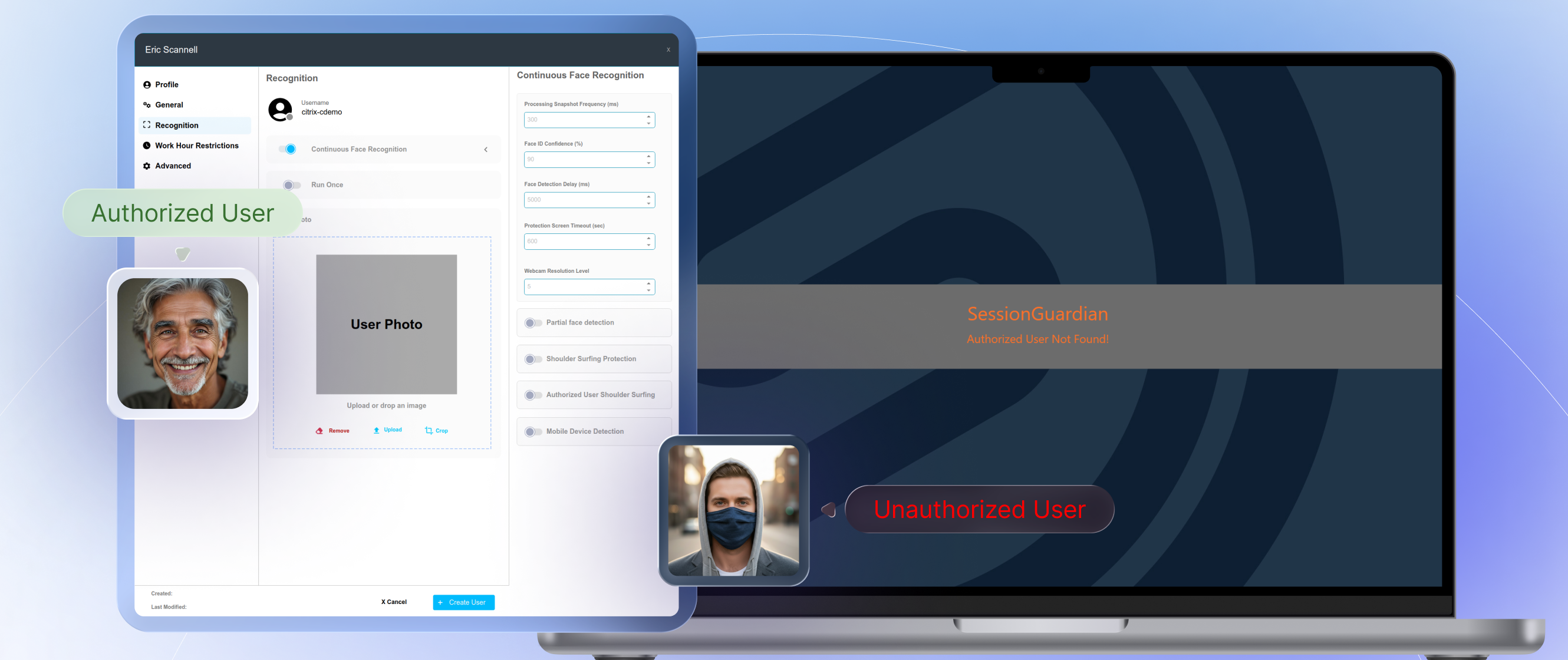 Presence Authority verifying operator presence with continuous facial recognition, showing authorized and unauthorized user detection