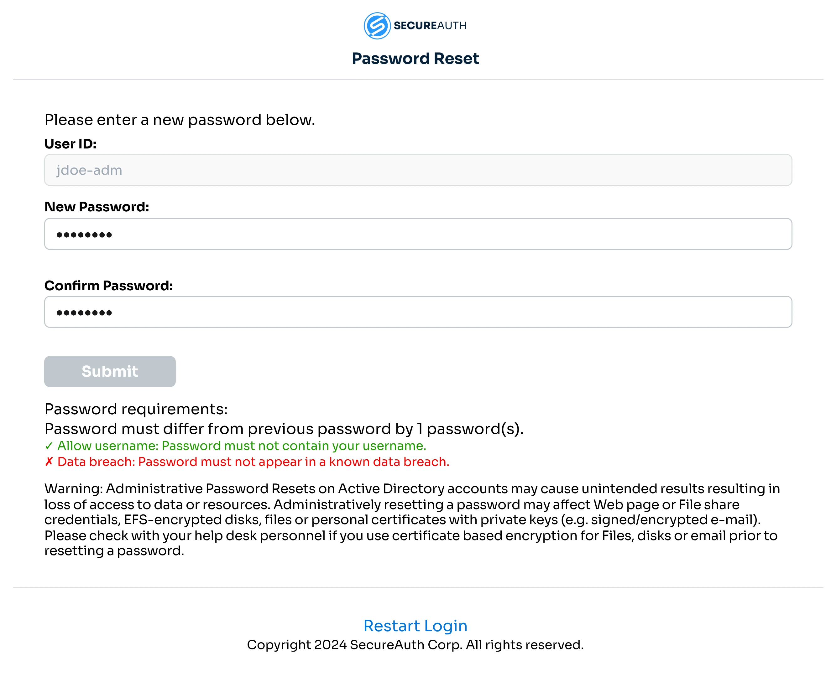 A password reset that rejects a new password found in a known data breach and tells the user why.