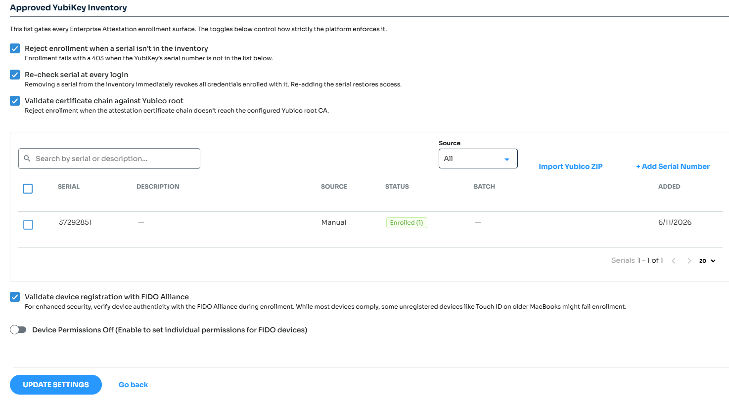 Approved YubiKey Inventory settings in the SecureAuth admin console, with enforcement options, a serial number list, and Import Yubico ZIP and Add Serial Number actions