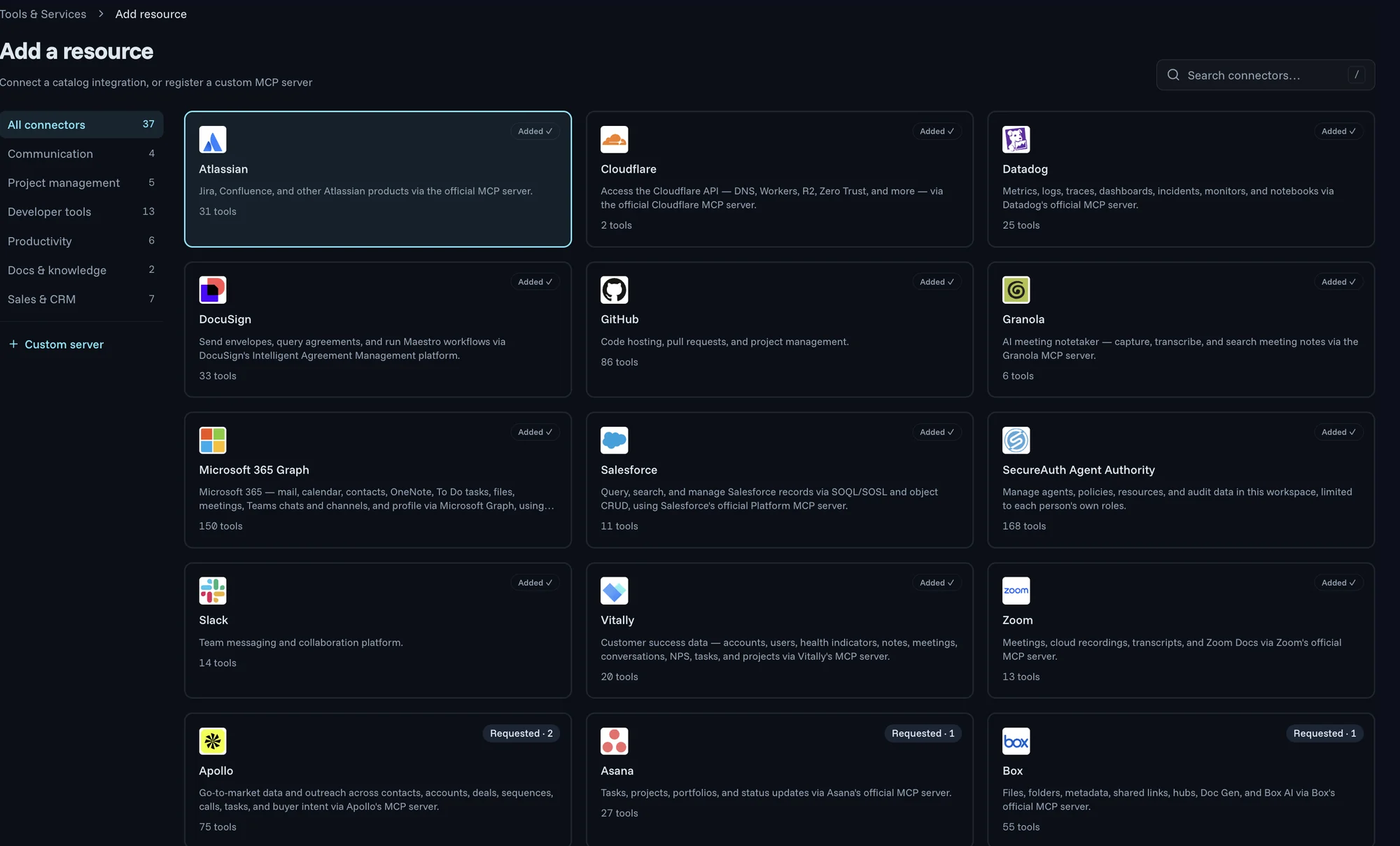 The Add a resource catalog in Agent Authority: connectors such as Atlassian, Cloudflare, Datadog, DocuSign, GitHub, Granola, Microsoft 365 Graph, Salesforce, Slack, Vitally and Zoom marked Added, and Apollo, Asana and Box marked Requested, with tool counts and categories.