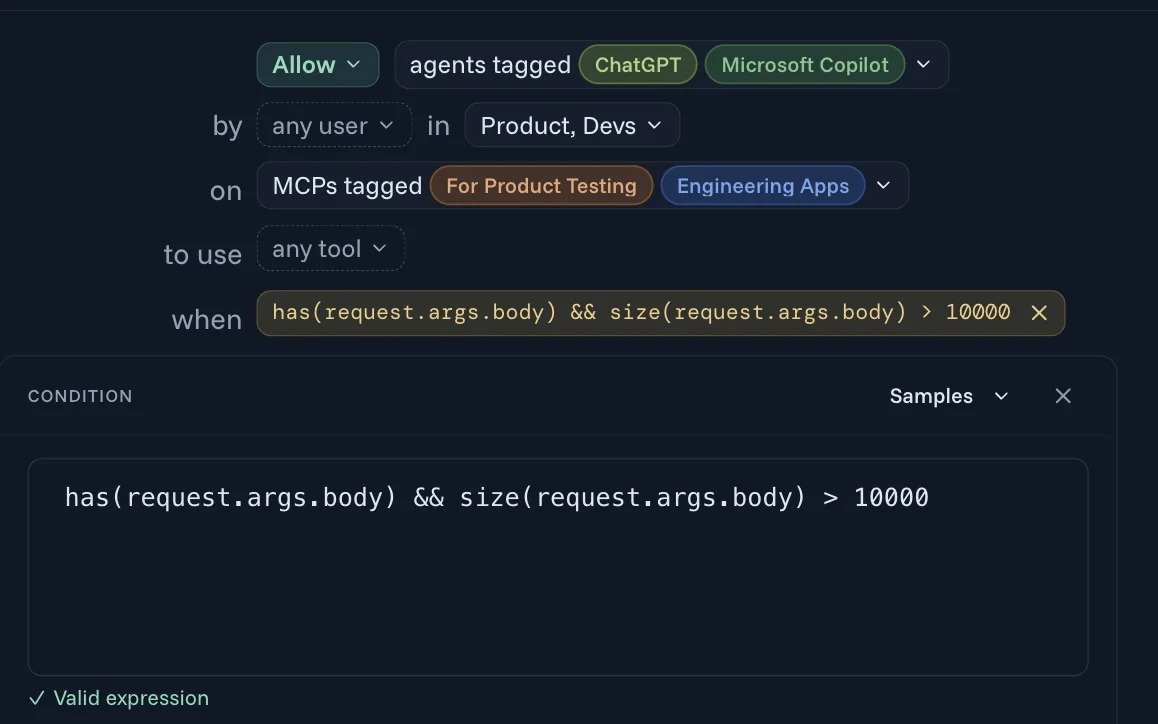 A policy in Agent Authority that allows agents tagged ChatGPT and Microsoft Copilot, used by anyone in the Product and Devs groups, on MCPs tagged For Product Testing and Engineering Apps, to use any tool when a condition on the request body is met.