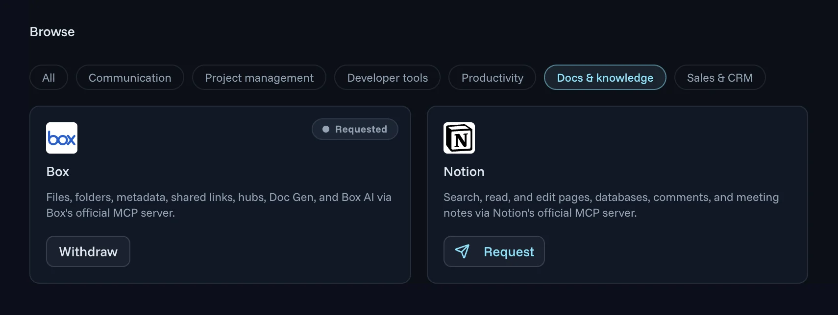 Browsing tools by category in the Agent Authority console, on the Docs & knowledge tab: Box is marked Requested with a Withdraw button, and Notion offers a Request button.