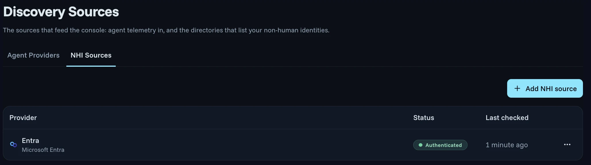The NHI Sources tab of Discovery Sources in the Agent Authority console, with an Add NHI source button and one provider, Entra (Microsoft Entra), whose status is Authenticated and which was last checked 1 minute ago.