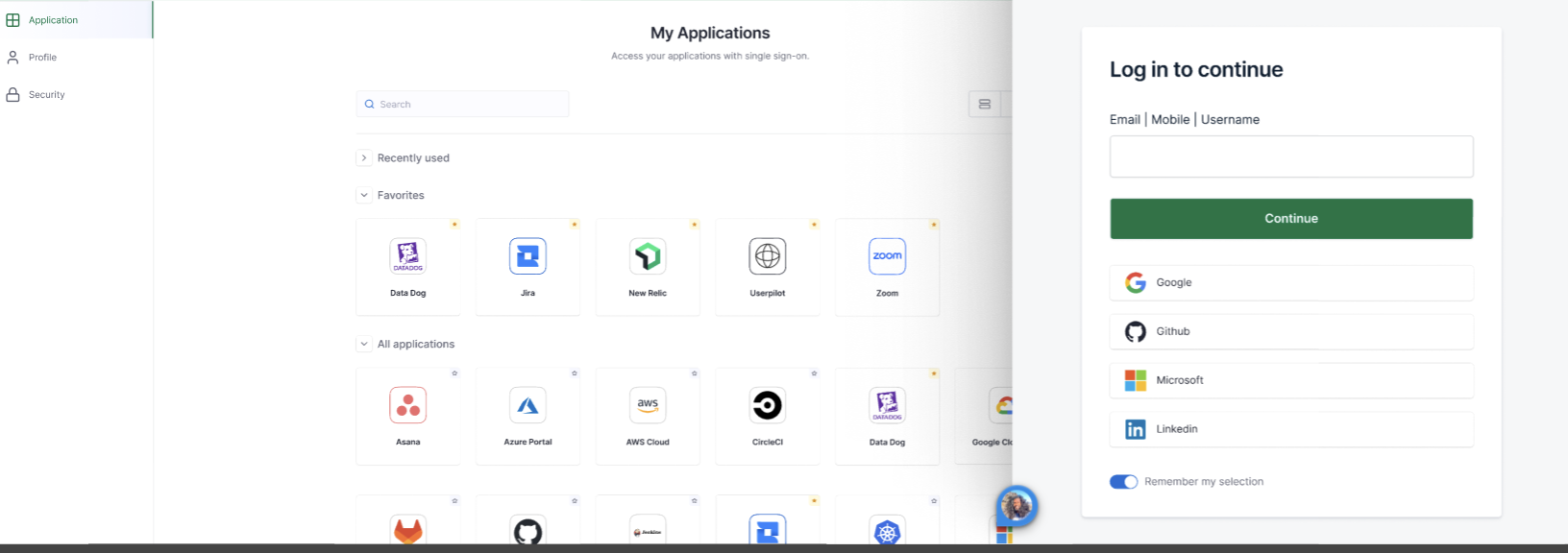 SecureAuth SSO portal showing My Applications dashboard with favorites and social login options